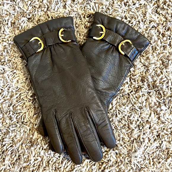 Army Olive Green leather gloves with cashmere and gold buckle - Picture 1 of 6